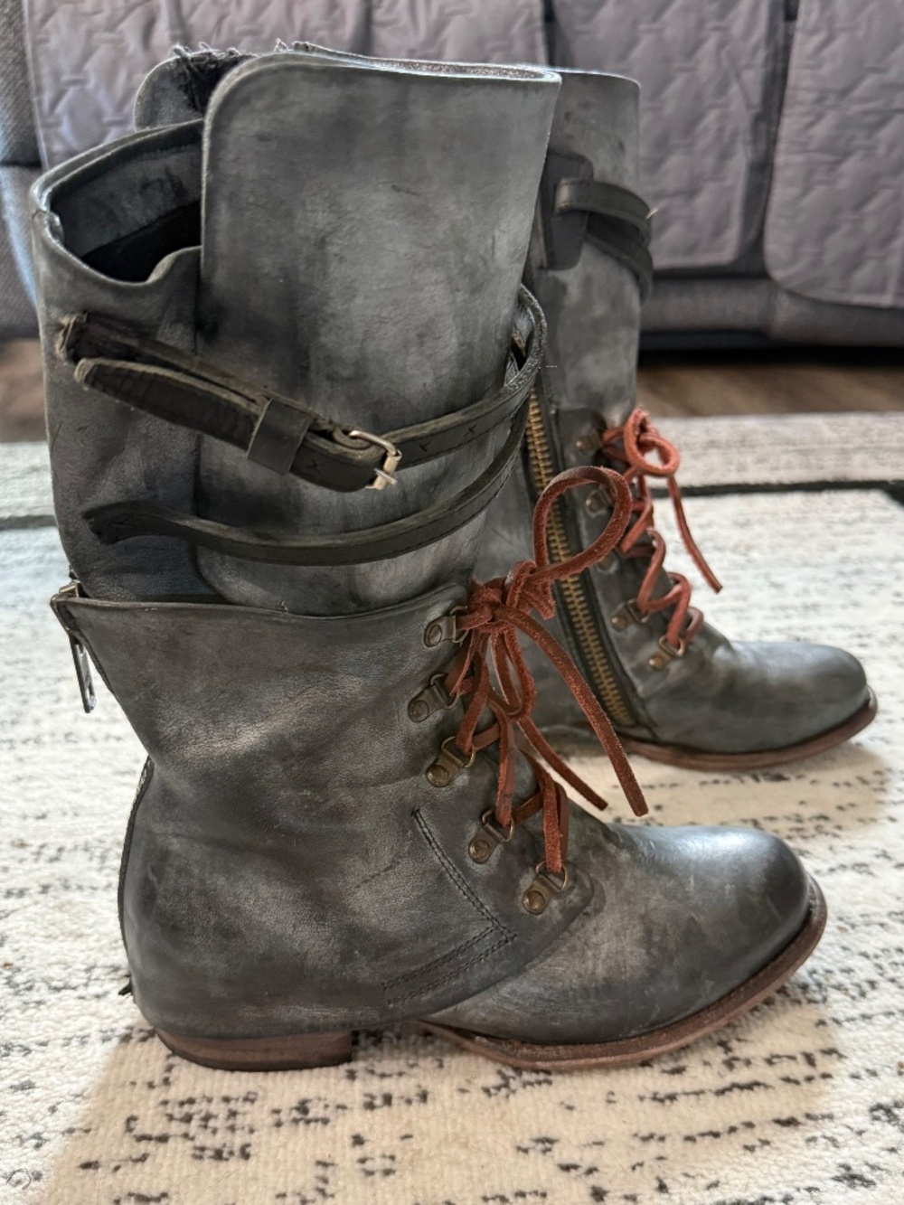 Freebird Ravi, Gray Black Vintage Moto Boots with Side Zipper - Picture 7 of 9